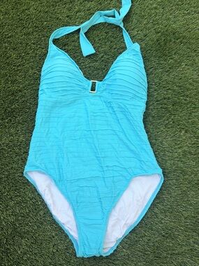 Ralph Lauren Light Turquoise Swimsuit with Contrast Stitching/Ruching 10